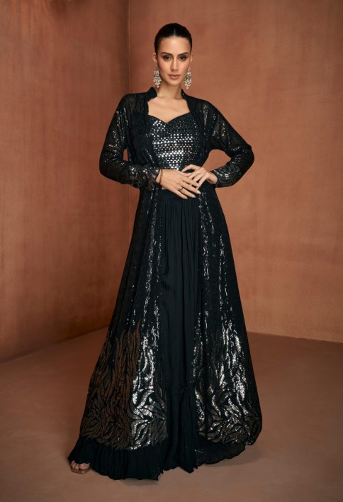 Black Embroidered Georgette Designer IndoWestern