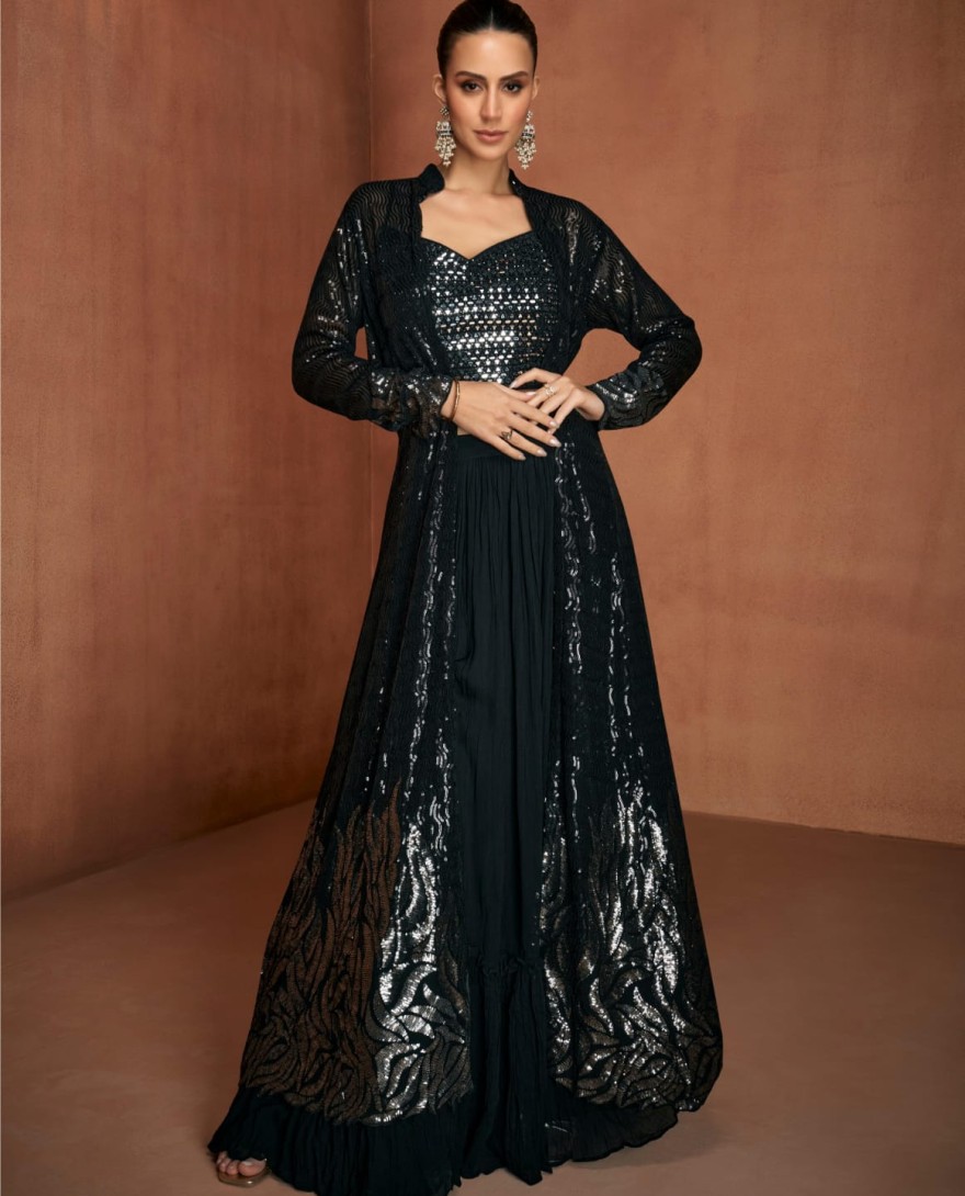 BLACK - Black Embroidered Georgette Designer IndoWestern