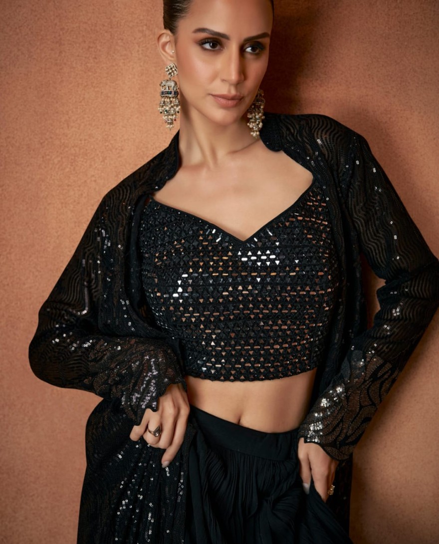 BLACK - Black Embroidered Georgette Designer IndoWestern