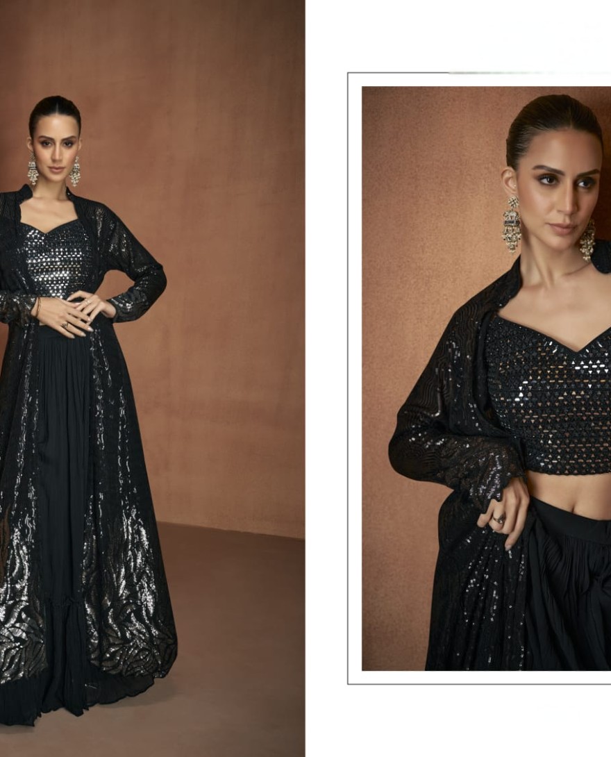 BLACK - Black Embroidered Georgette Designer IndoWestern