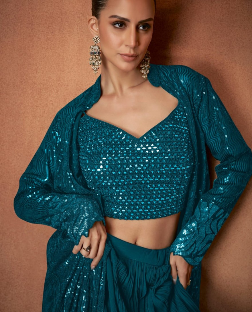 BLUE - Morpich Embroidered Georgette Designer IndoWestern