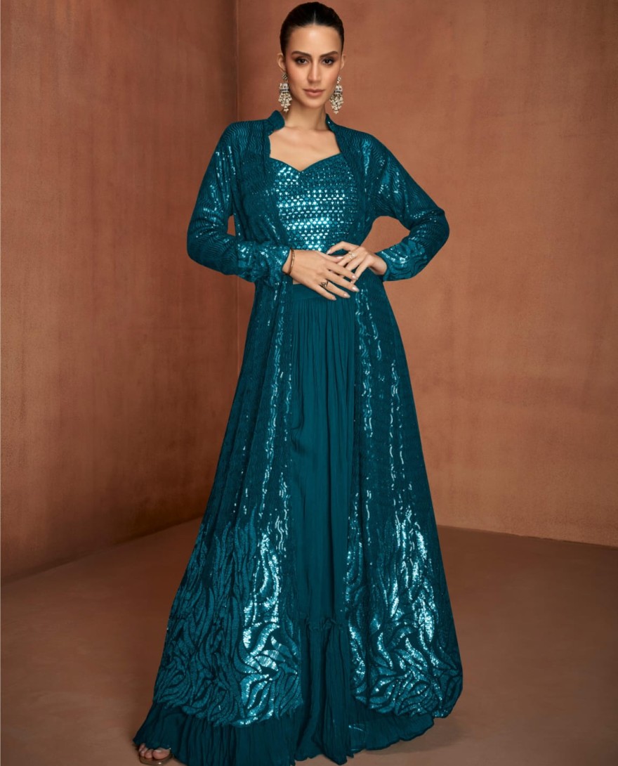 BLUE - Morpich Embroidered Georgette Designer IndoWestern