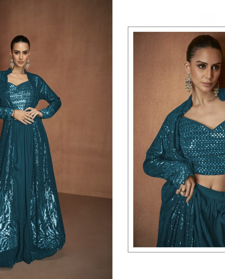 BLUE - Morpich Embroidered Georgette Designer IndoWestern