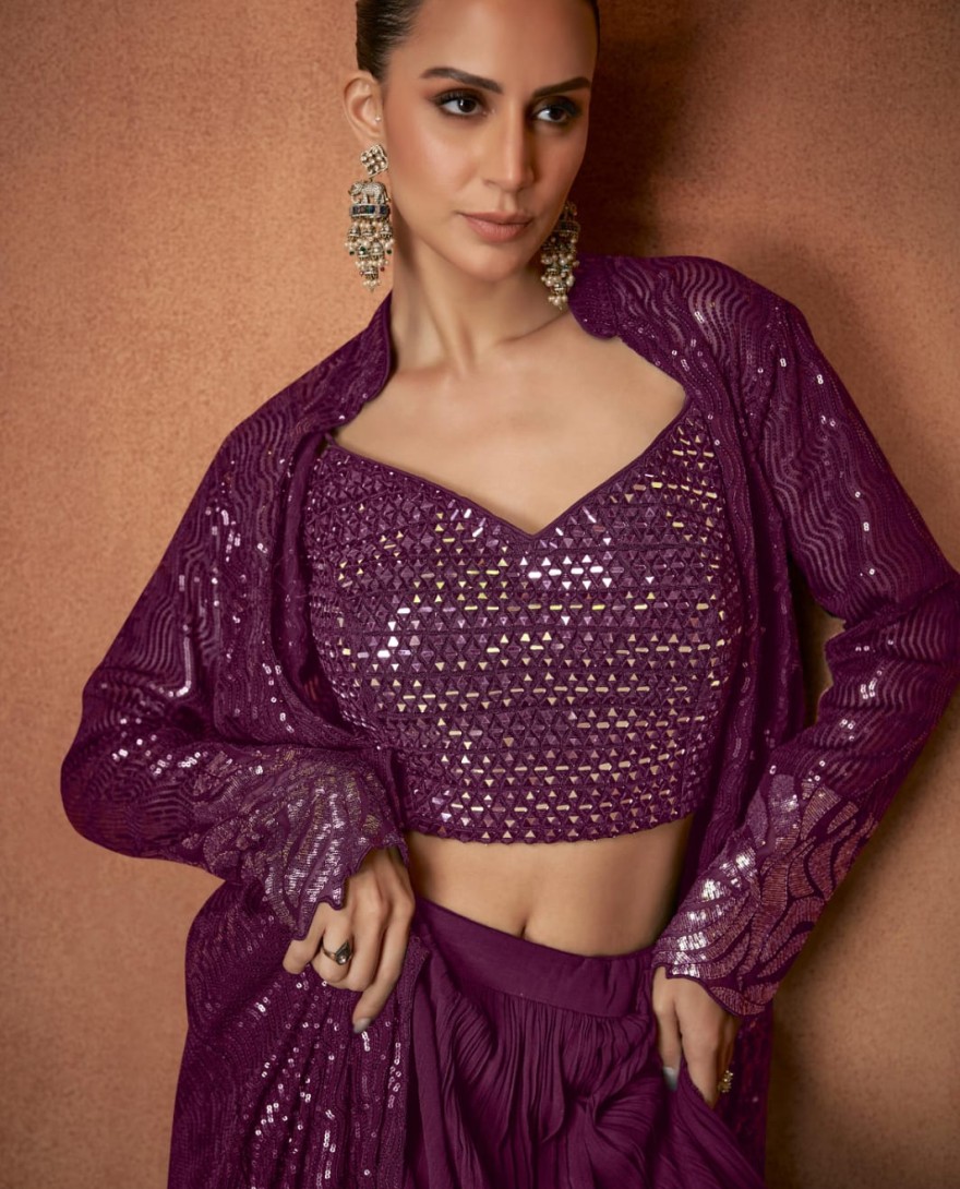 PINK - Wine Embroidered Georgette Designer IndoWestern