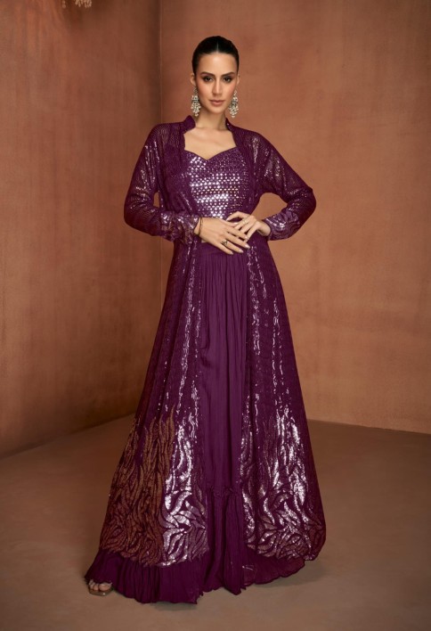 Wine Embroidered Georgette Designer IndoWestern