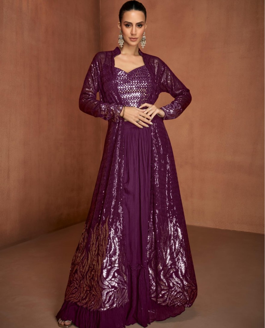 PINK - Wine Embroidered Georgette Designer IndoWestern