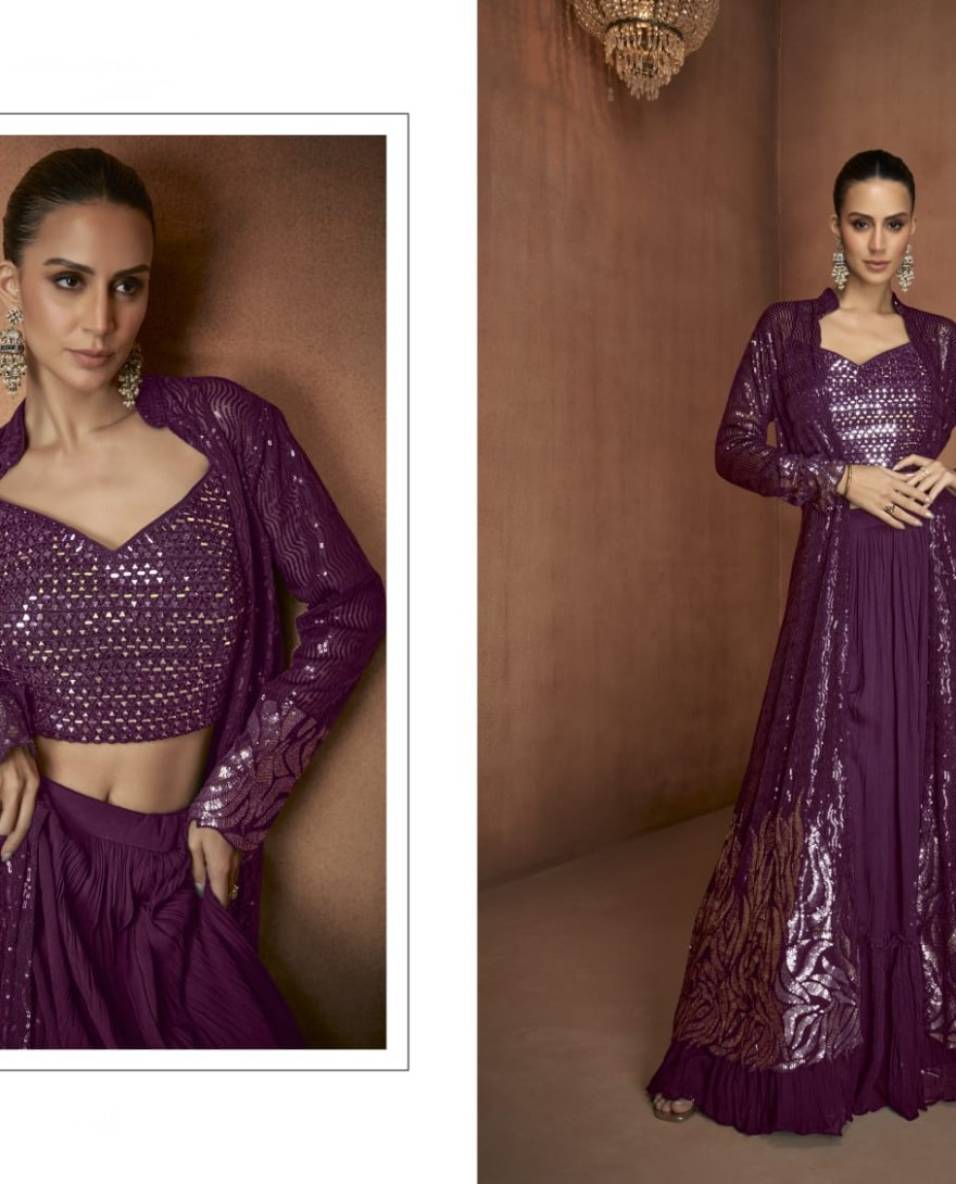 PINK - Wine Embroidered Georgette Designer IndoWestern