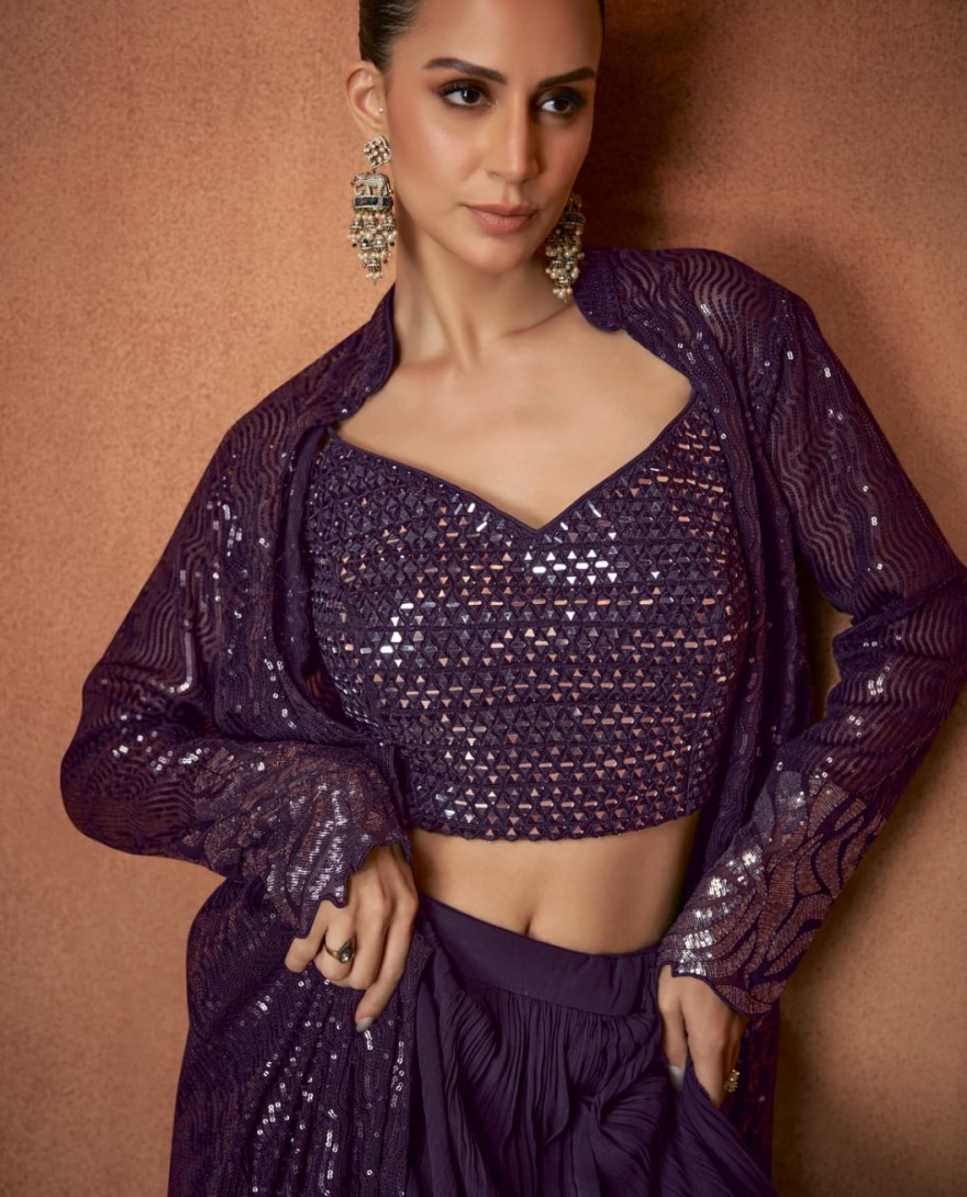 PURPLE - Burgundy Embroidered Georgette Designer IndoWestern