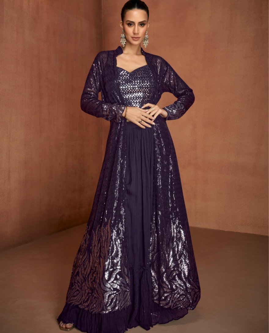 PURPLE - Burgundy Embroidered Georgette Designer IndoWestern