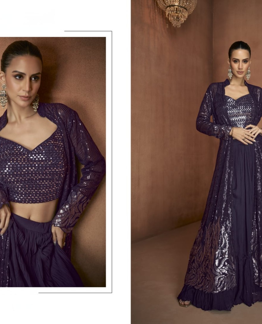 PURPLE - Burgundy Embroidered Georgette Designer IndoWestern