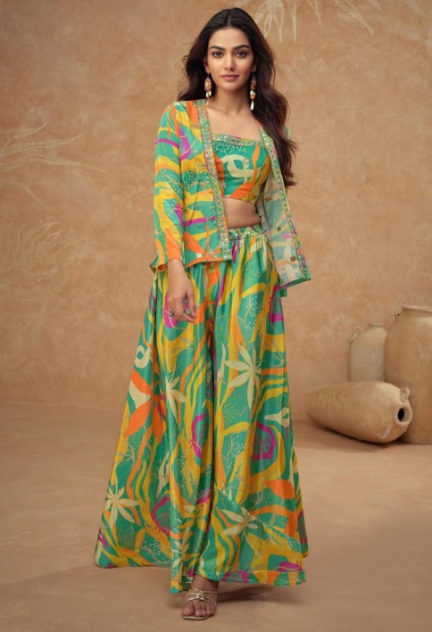 Tropical Multi-Color Chinon Silk Palazzo Set with Crop Top & Shrug