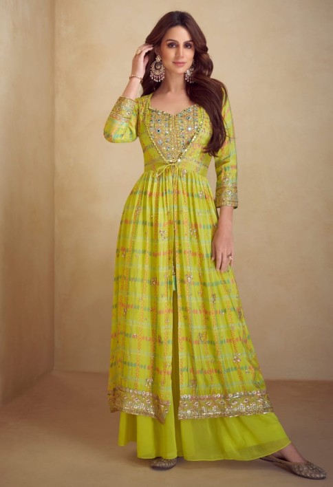Lime Yellow Chinon Silk Sharara Set with Embroidered Blouse & Printed Shrug