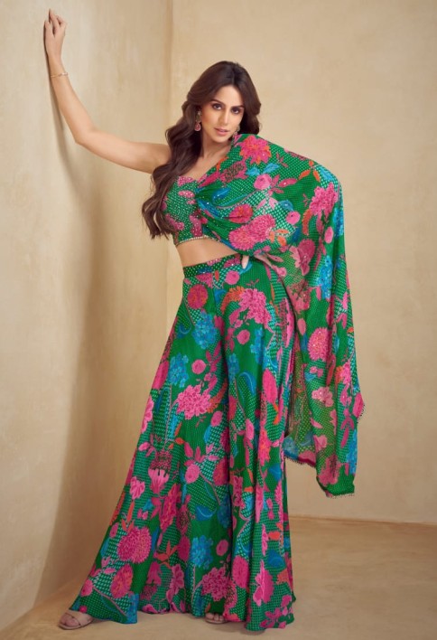 Designer Green Chinon Silk Poncho Style Palazzo Set with Pink Floral Print – Festive Wear