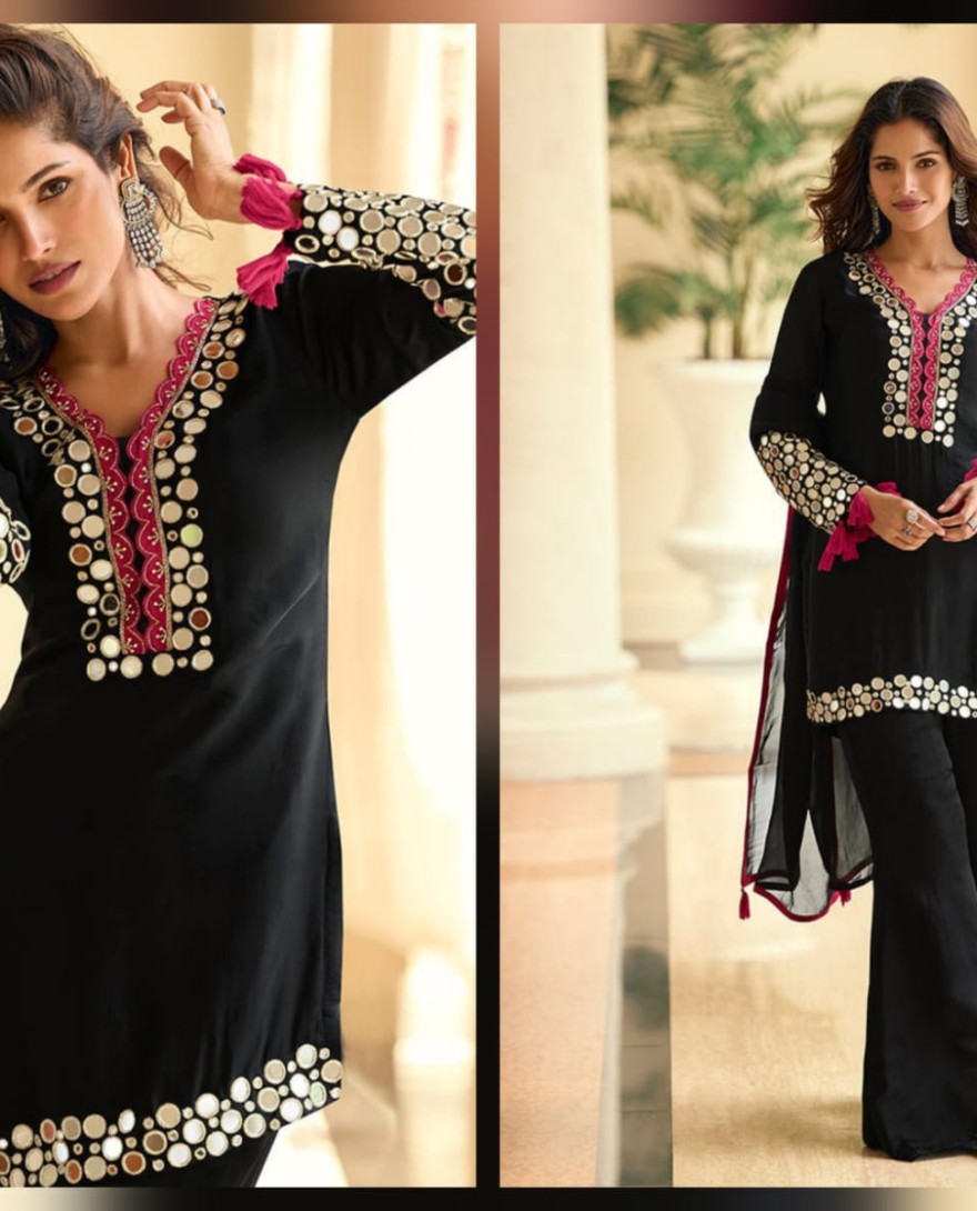 BLACK - Black Heavy Embroidered Palazzo Style Suit.