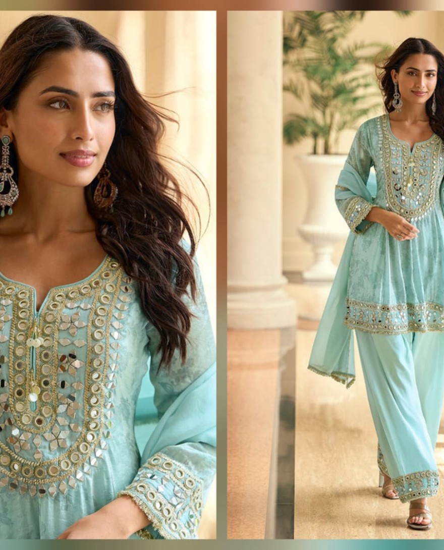 BLUE - Aqua Blue Silk Palazzo Salwar Suit with Embroidered and Mirror Work
