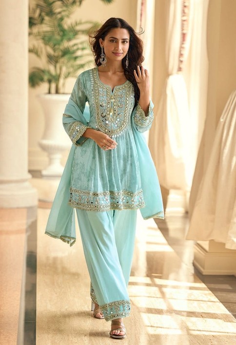 Aqua Blue Silk Palazzo Salwar Suit with Embroidered and Mirror Work