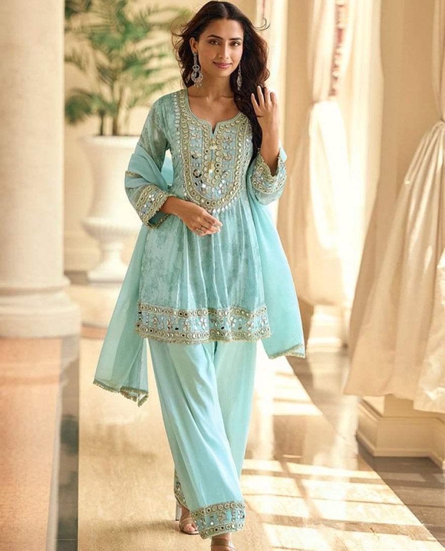 BLUE - Aqua Blue Silk Palazzo Salwar Suit with Embroidered and Mirror Work