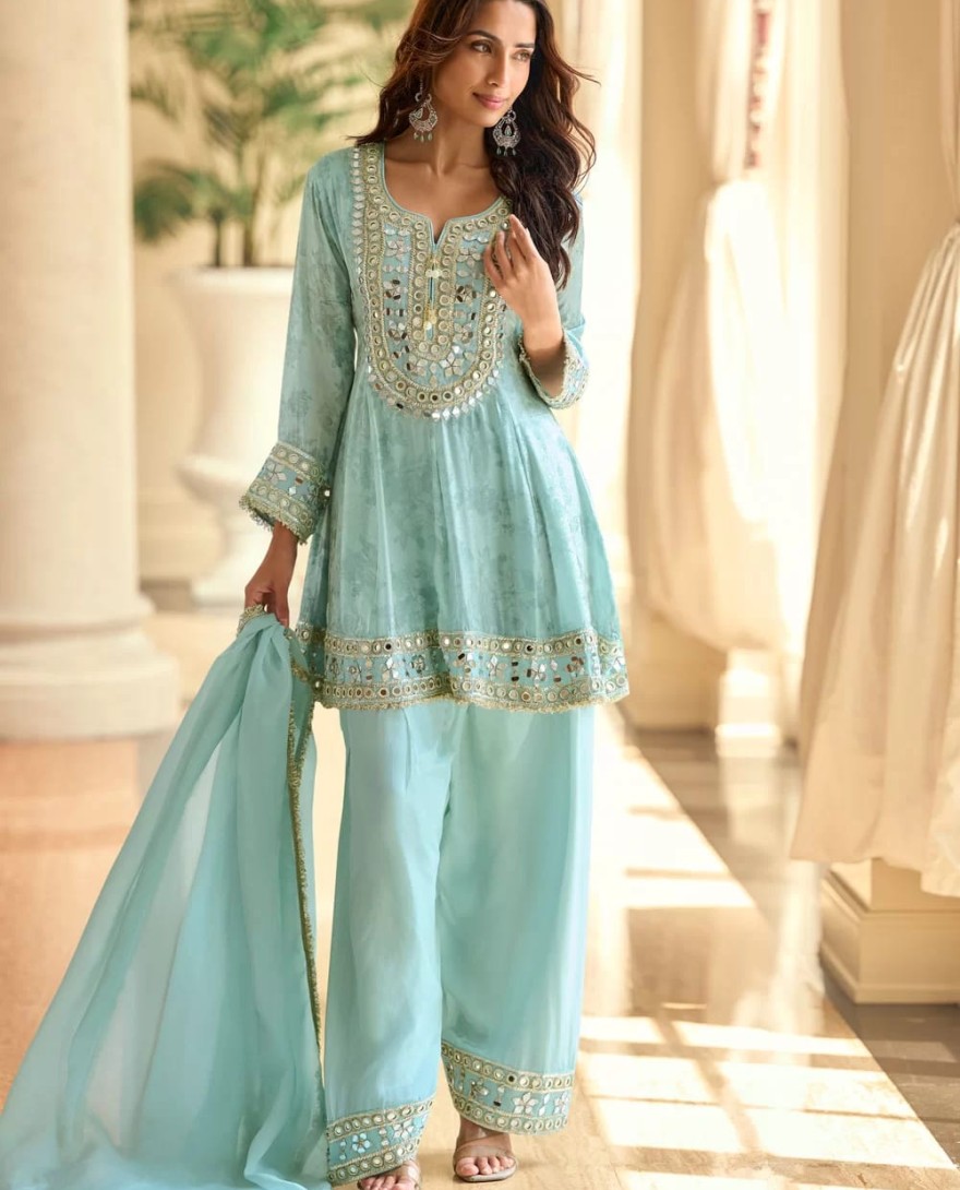 BLUE - Aqua Blue Silk Palazzo Salwar Suit with Embroidered and Mirror Work