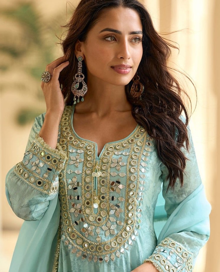 BLUE - Aqua Blue Silk Palazzo Salwar Suit with Embroidered and Mirror Work