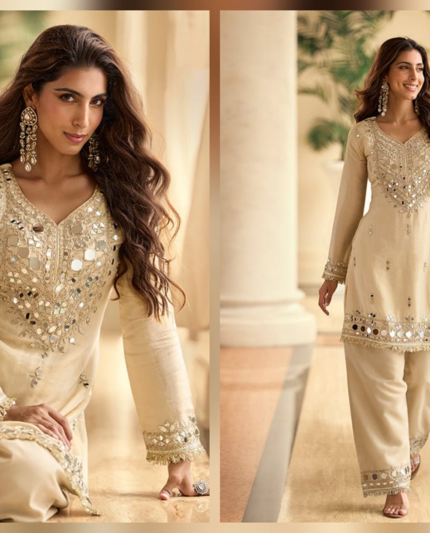 CREAM - Cream Silk Salwar Suit with Embroidered and Mirror Work