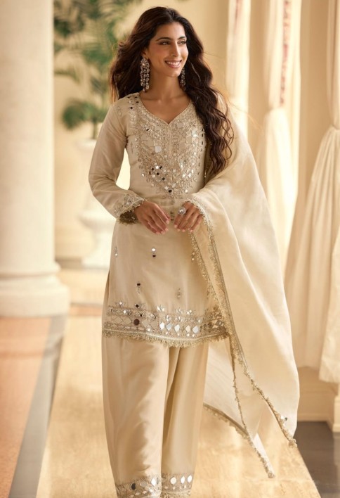Cream Silk Salwar Suit with Embroidered and Mirror Work