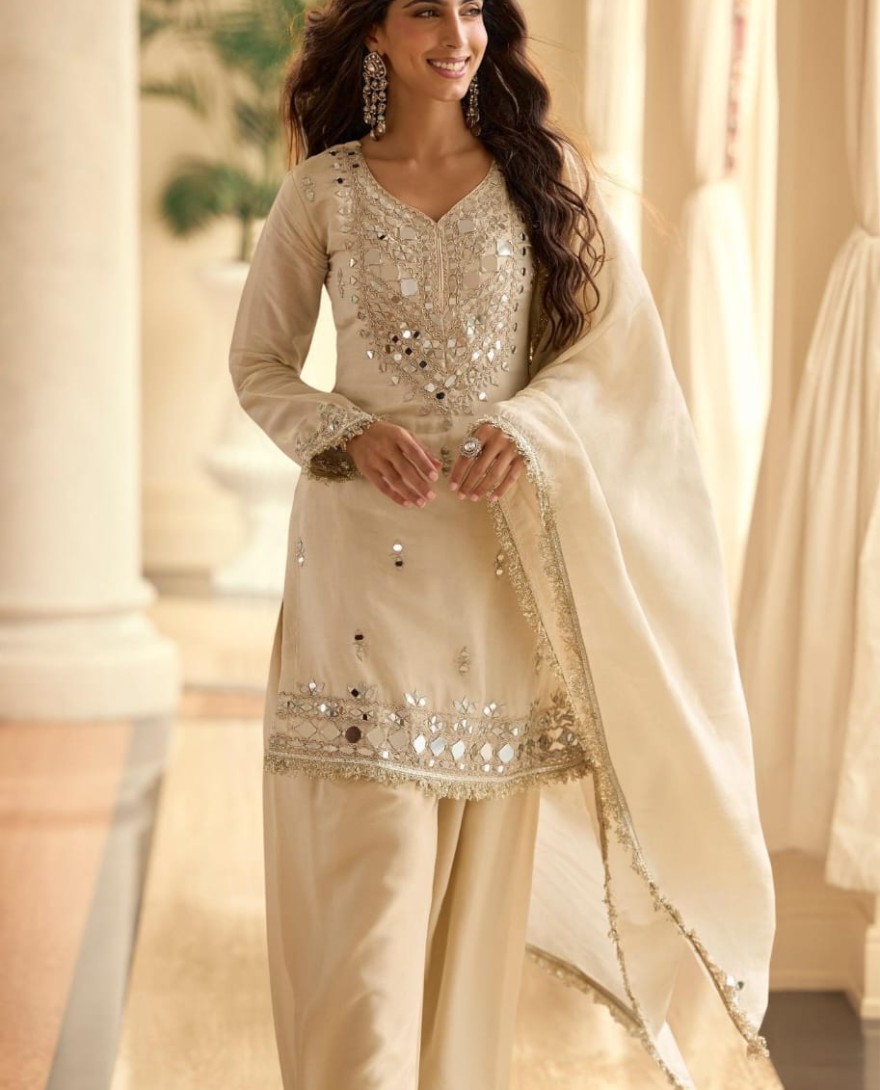 CREAM - Cream Silk Salwar Suit with Embroidered and Mirror Work