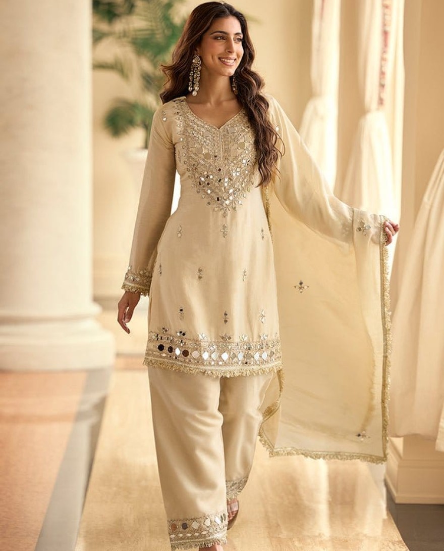 CREAM - Cream Silk Salwar Suit with Embroidered and Mirror Work