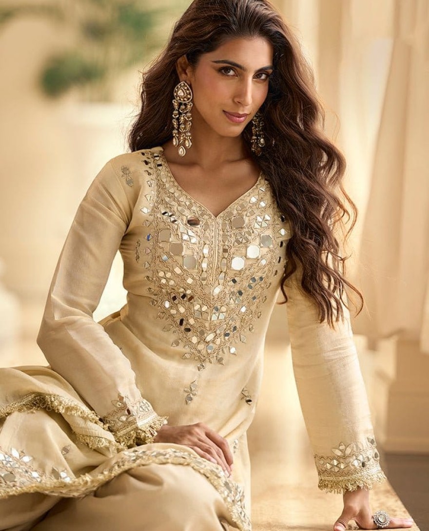 CREAM - Cream Silk Salwar Suit with Embroidered and Mirror Work