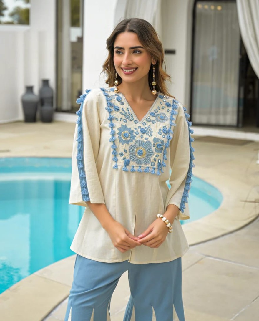 WHITE - Cream & Blue Cotton Katha Handwork Co-Ord Set