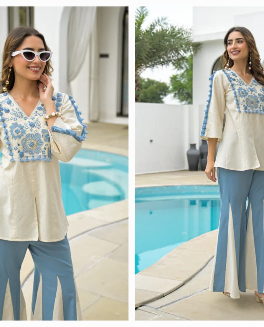 WHITE - Cream & Blue Cotton Katha Handwork Co-Ord Set