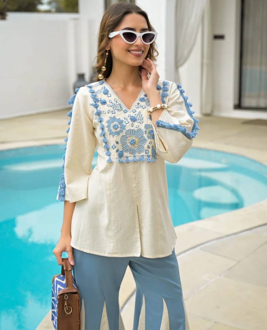 WHITE - Cream & Blue Cotton Katha Handwork Co-Ord Set