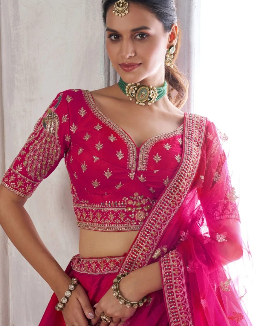 PINK - Pink Silk Diamond, Embroidered, Resham and Zari Work Lehenga Choli