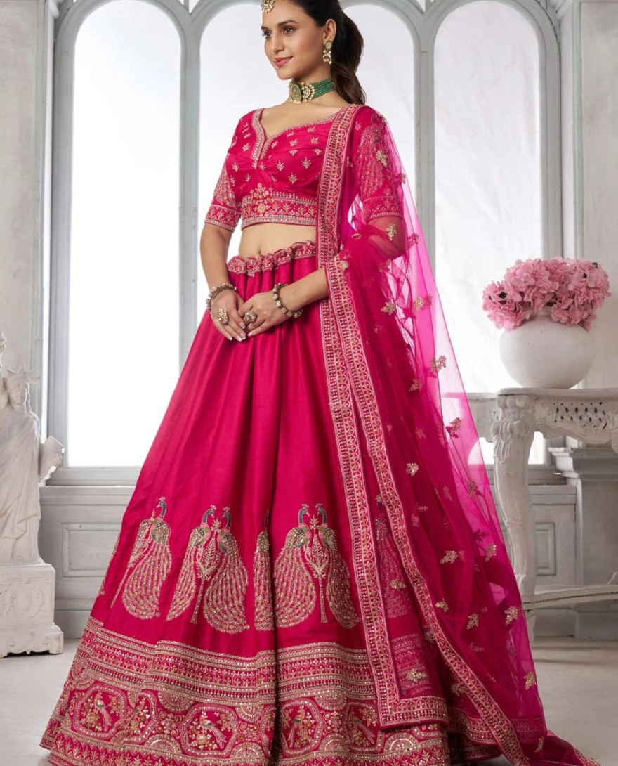 PINK - Pink Silk Diamond, Embroidered, Resham and Zari Work Lehenga Choli