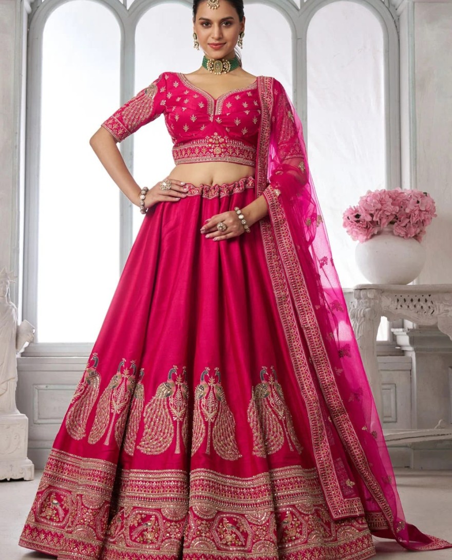 PINK - Pink Silk Diamond, Embroidered, Resham and Zari Work Lehenga Choli