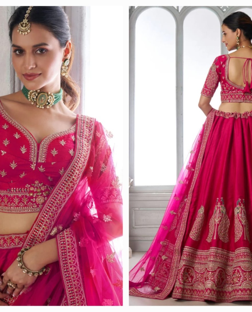 PINK - Pink Silk Diamond, Embroidered, Resham and Zari Work Lehenga Choli