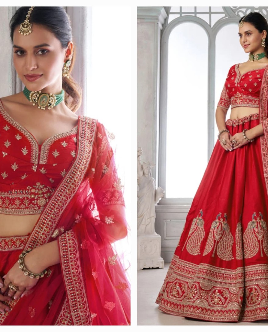 RED - Red Silk Lehenga Choli with Diamond, Embroidered, Resham and Zari Work for Engagement