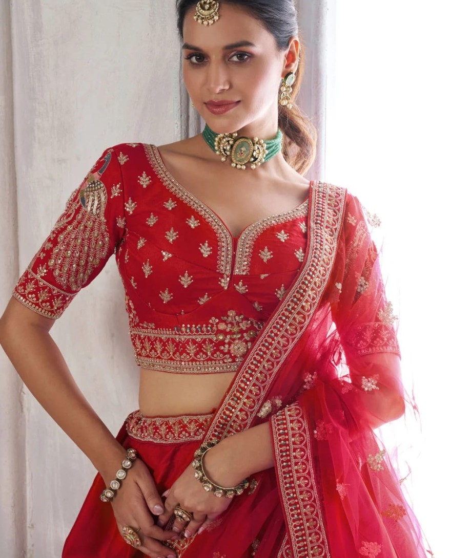 RED - Red Silk Lehenga Choli with Diamond, Embroidered, Resham and Zari Work for Engagement