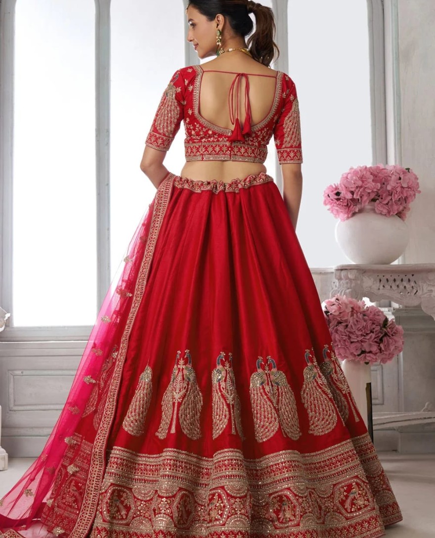 RED - Red Silk Lehenga Choli with Diamond, Embroidered, Resham and Zari Work for Engagement