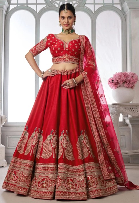 Red Silk Lehenga Choli with Diamond, Embroidered, Resham and Zari Work for Engagement