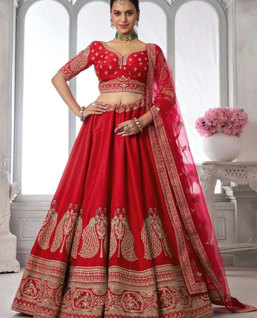 RED - Red Silk Lehenga Choli with Diamond, Embroidered, Resham and Zari Work for Engagement