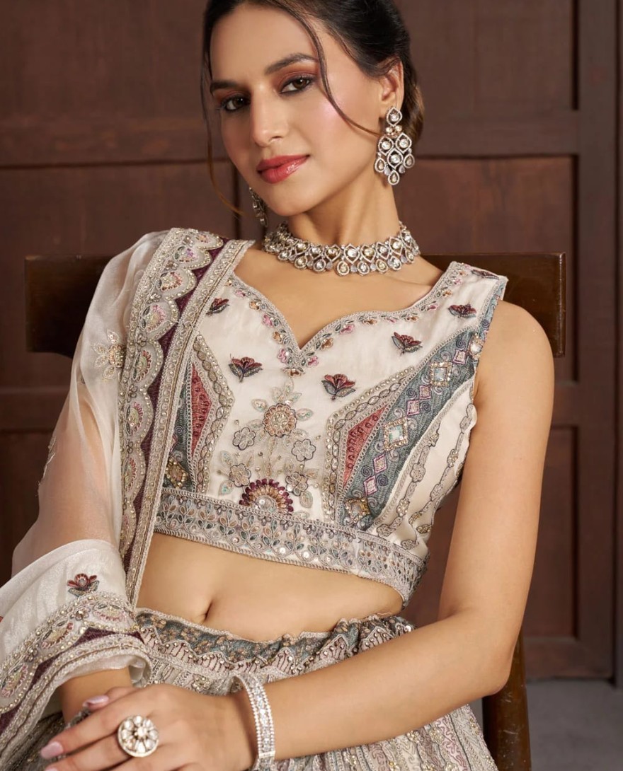 WHITE - Net Lehenga Choli In Off White Colour