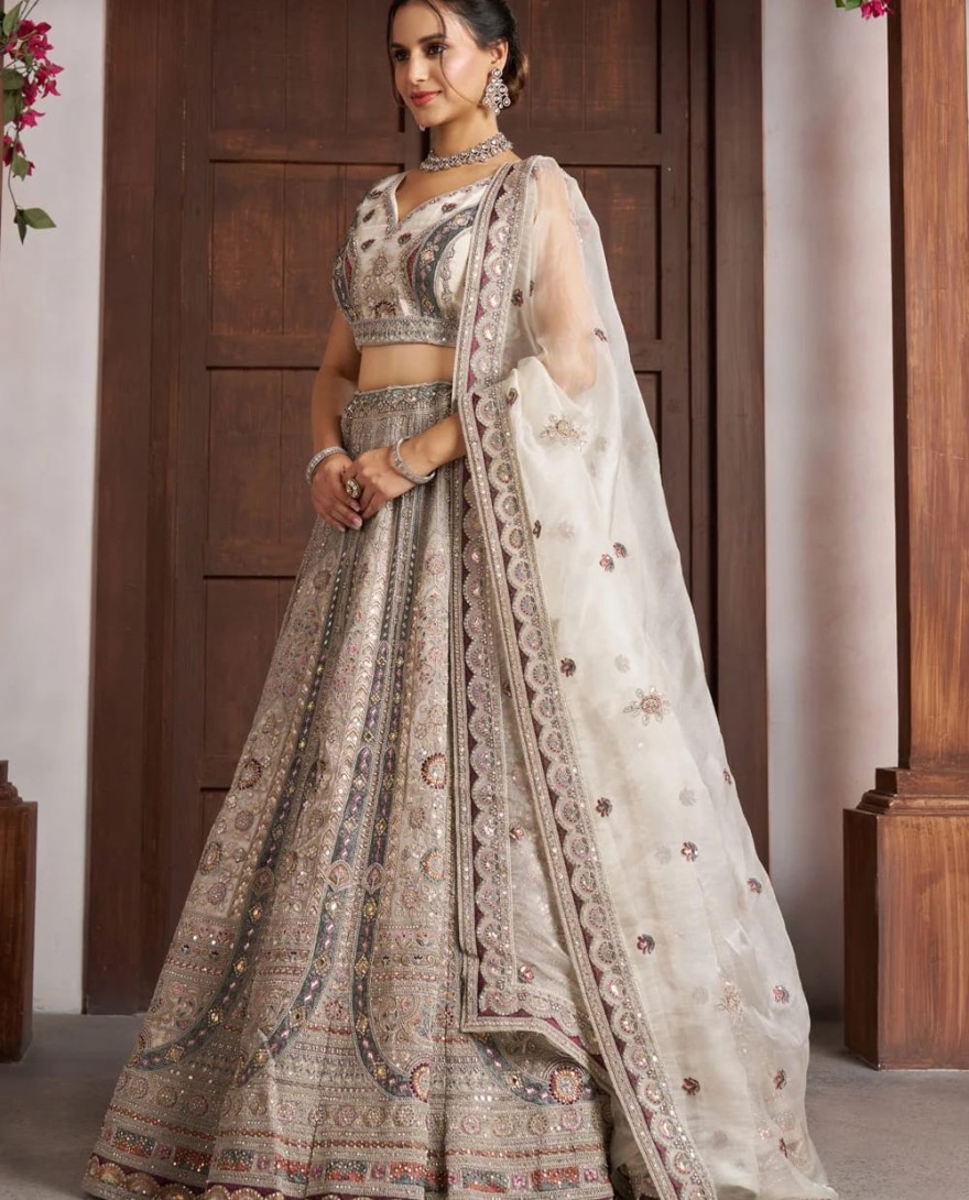 WHITE - Net Lehenga Choli In Off White Colour