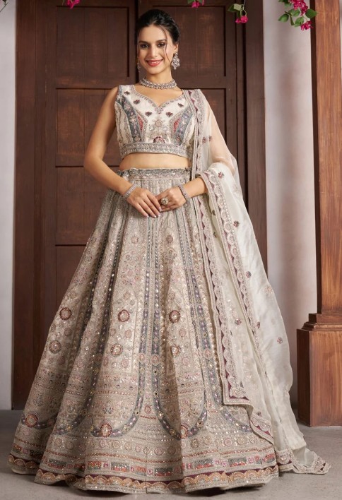 Net Lehenga Choli In Off White Colour
