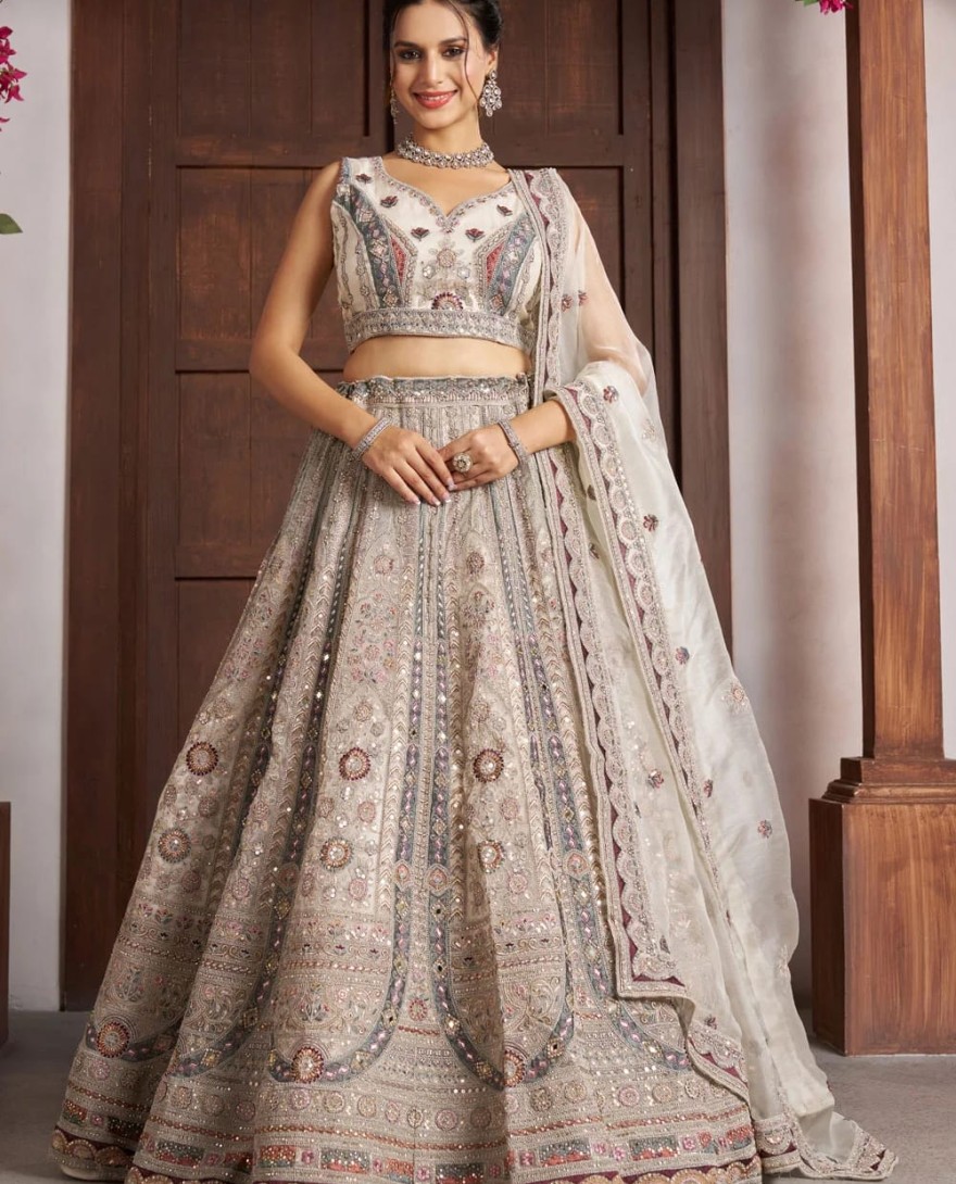 WHITE - Net Lehenga Choli In Off White Colour