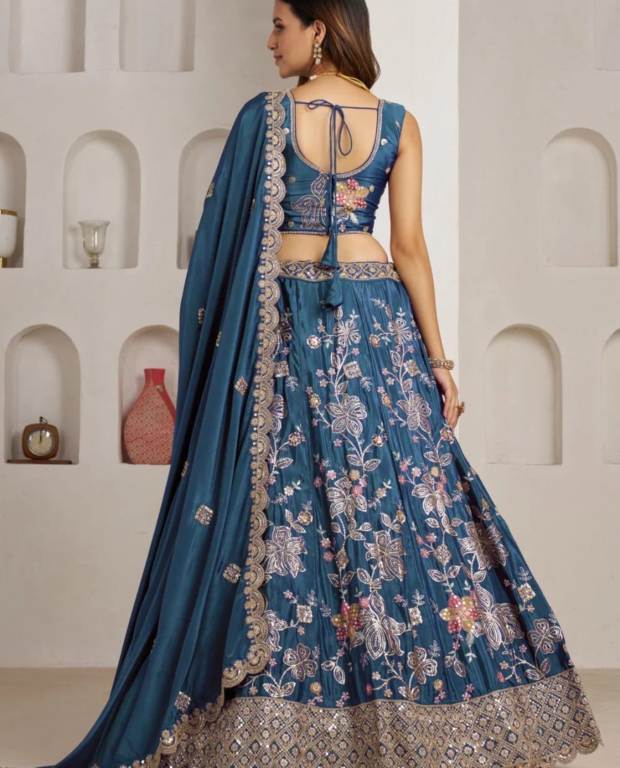 BLUE - Aqua Blue Crepe Silk Lehenga Choli with Embroidered, Sequins and Zari Work