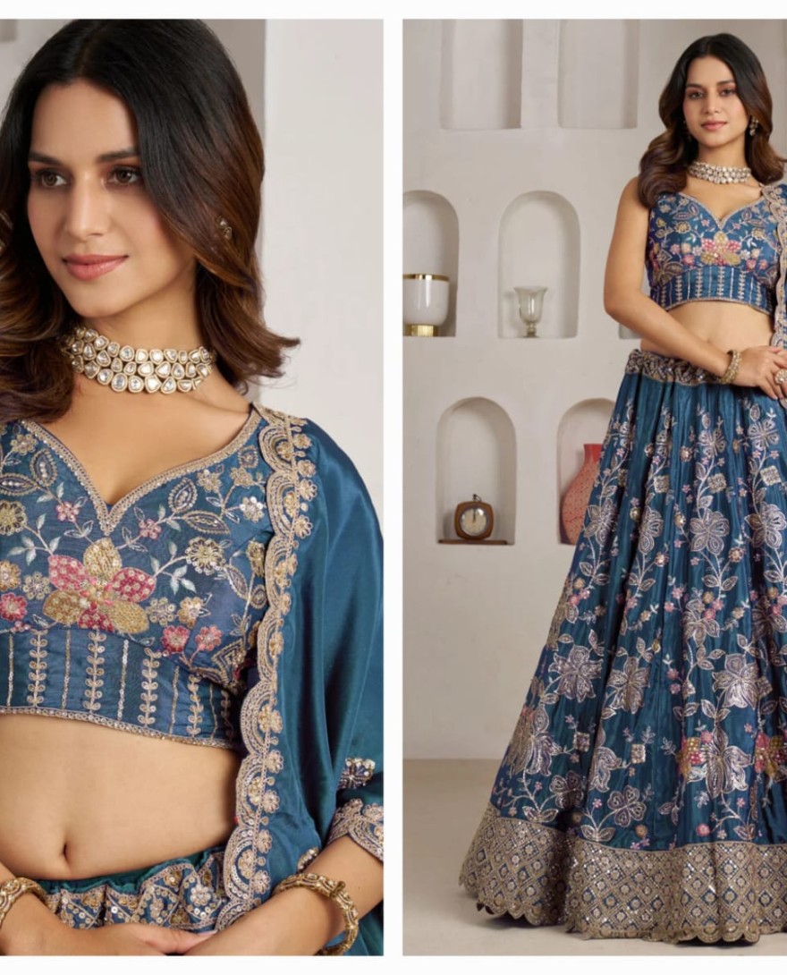 BLUE - Aqua Blue Crepe Silk Lehenga Choli with Embroidered, Sequins and Zari Work