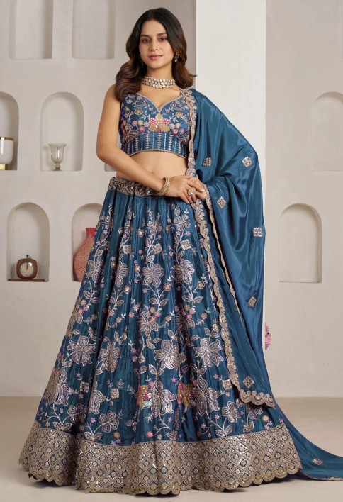 Aqua Blue Crepe Silk Lehenga Choli with Embroidered, Sequins and Zari Work