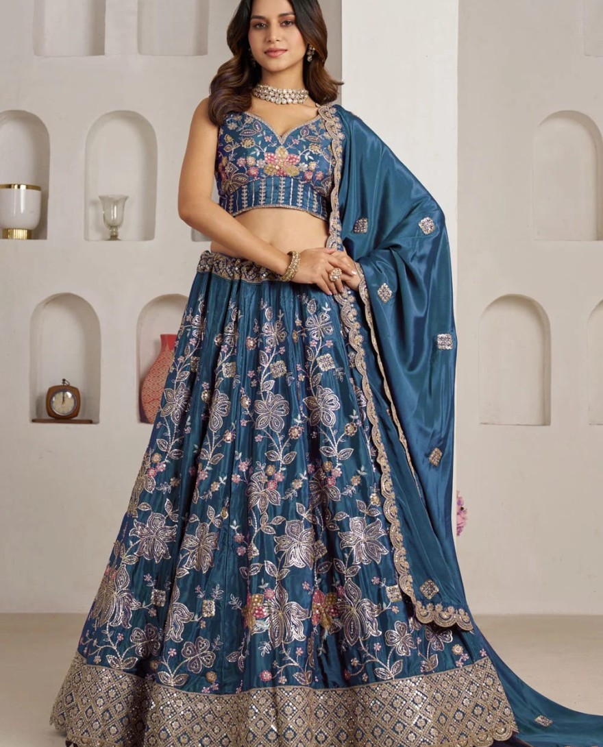 BLUE - Aqua Blue Crepe Silk Lehenga Choli with Embroidered, Sequins and Zari Work