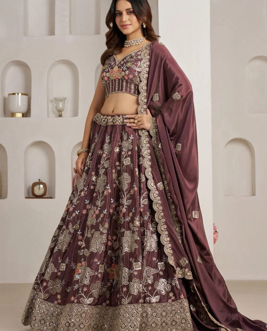WINE - Wine Crepe Silk Embroidered, Sequins and Zari Work Lehenga Choli for Engagement