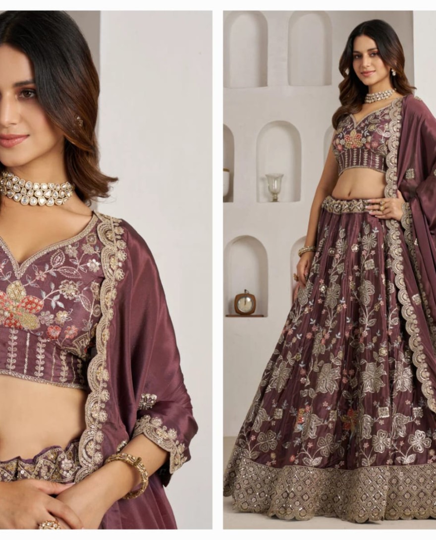 WINE - Wine Crepe Silk Embroidered, Sequins and Zari Work Lehenga Choli for Engagement